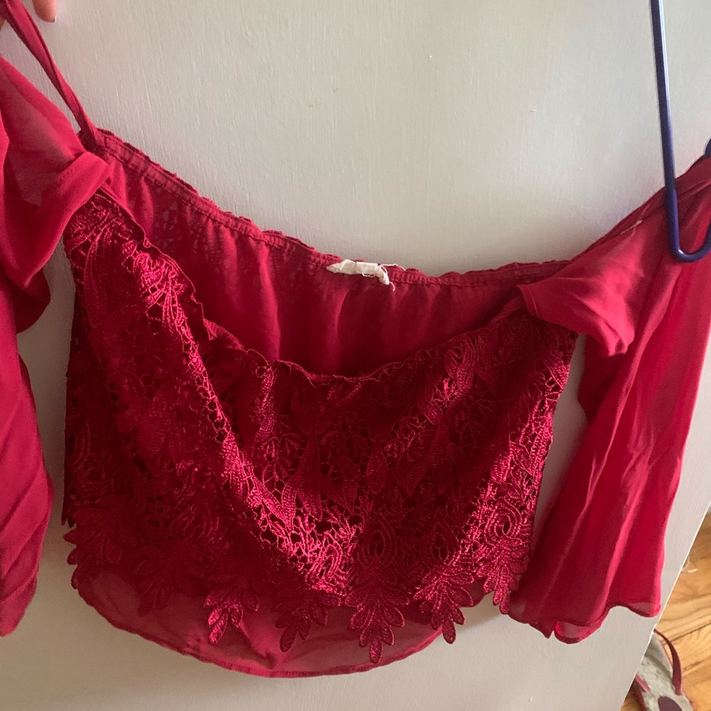 Off shoulder red lace crop top
